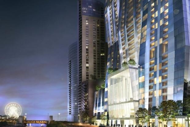 A rendering of a Chicago riverfront luxury hotel and residential project being developed by Dalian Wanda.