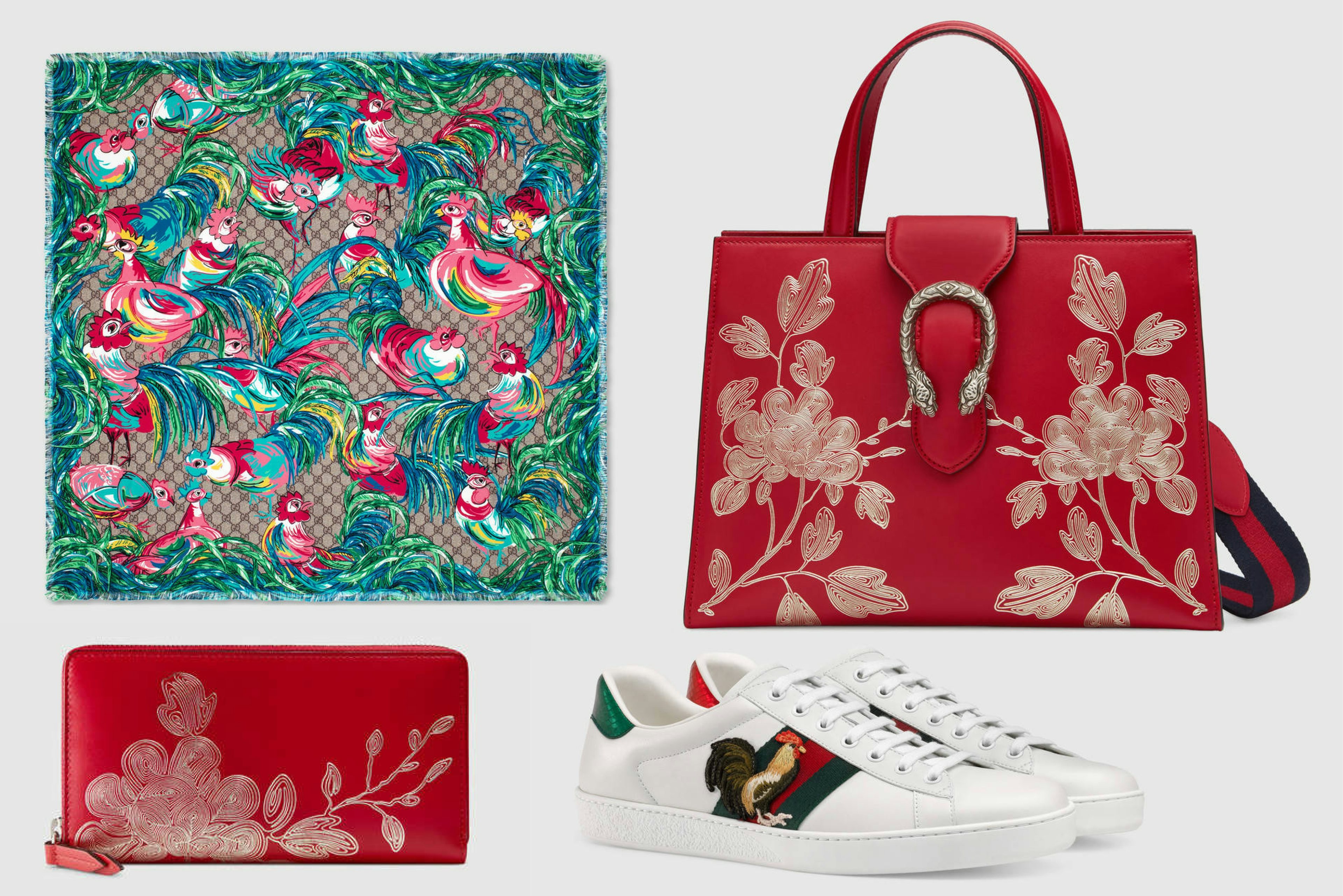 Gucci released a collection of several items for Chinese New Year, including a handbag, scarf, wallet, and sneakers. 