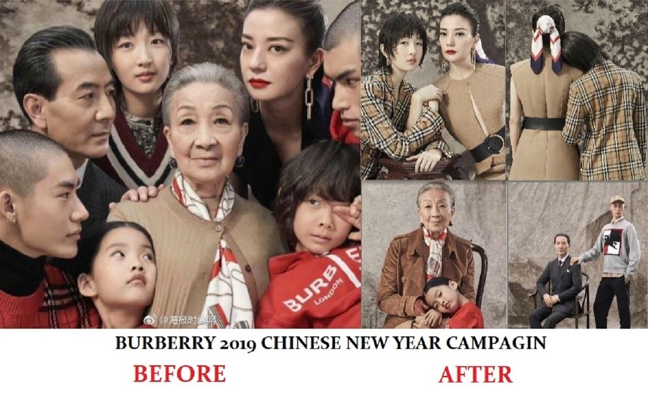 Here is how British high fashion has altered its Chinese Lunar New Year campaign message after its "creepy" family portrait photos met online backlash. Photo: Burberry/VCG/Jing Daily illustration.