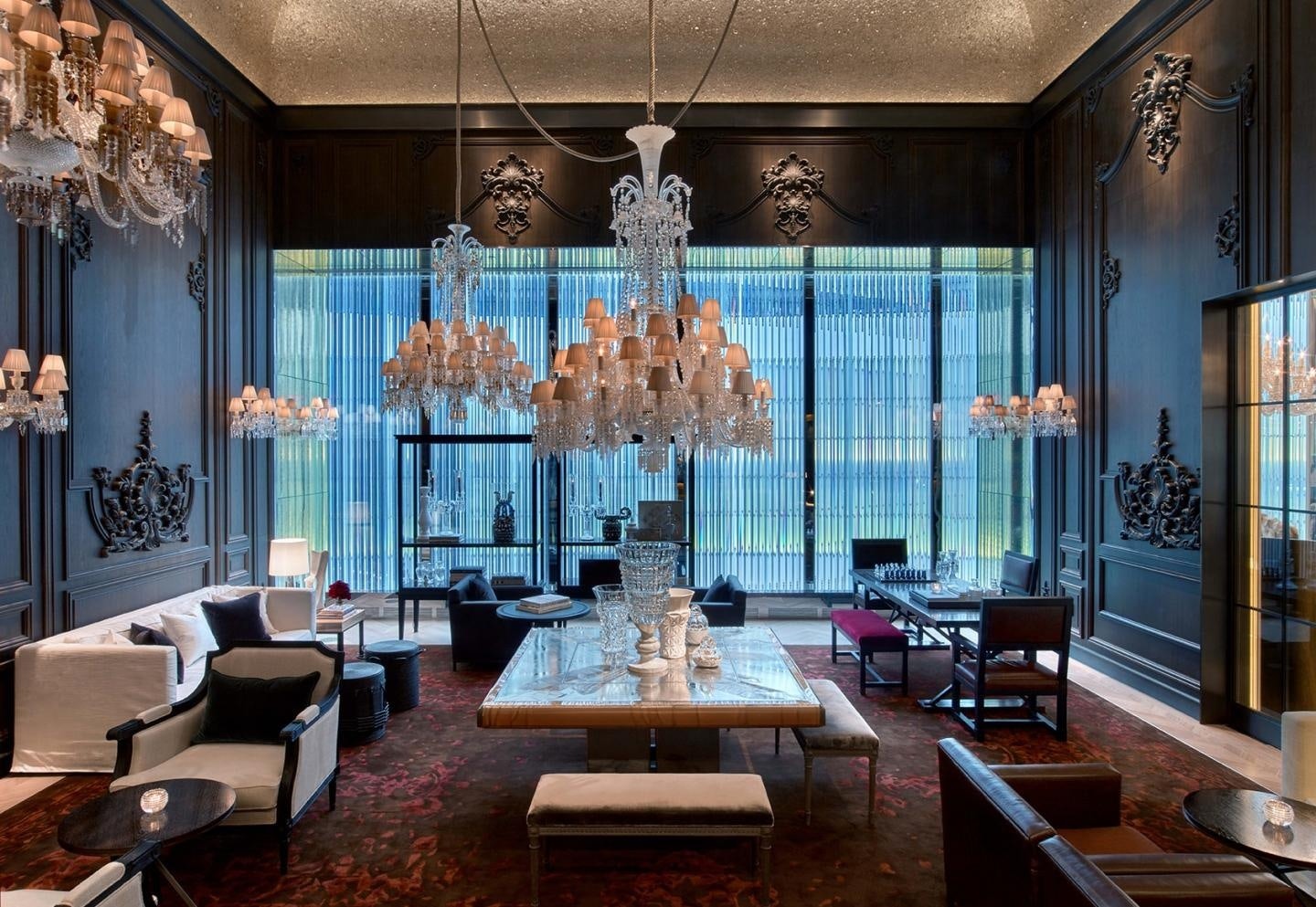Baccarat Hotel New York's Petit Salon is full of the crystal company's products. (Courtesy Photo)
