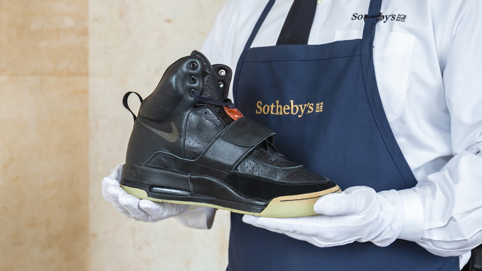 The Nike Air Yeezy 1 prototype sneakers sold for $1.8 million on Sotheby's, the highest price ever paid for any pair of sneakers. Photo: Sotheby's