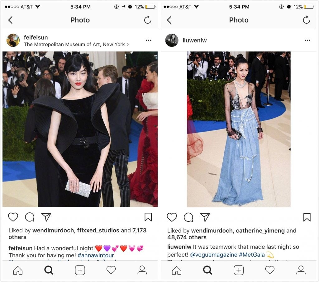 Chinese supermodels Liu Wen in Off-White (right) and Fei Fei Sun in Alberta Ferretti (left) attended the event.