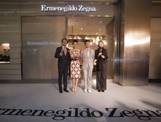 Actors Nicky Wu (2nd right) and Tong Liya (2nd left) attend the grand opening of a Zegna flagship in Shenyang earlier this year