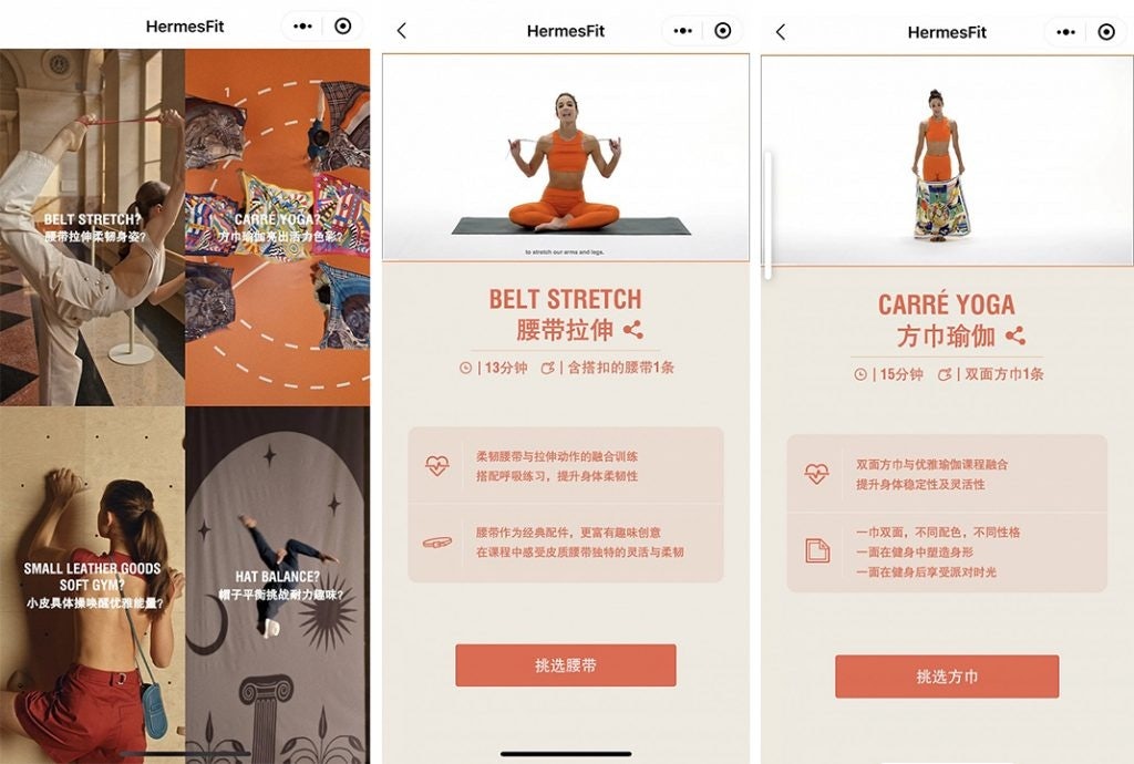Hermès teaches consumers how to use its iconic products in their workout routines. Photo: Screenshots, Jiemian