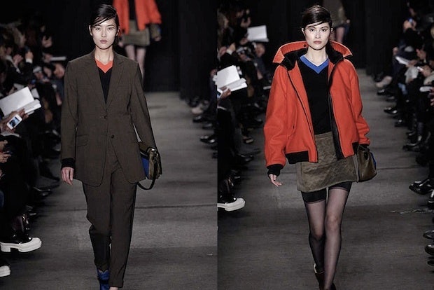 Chinese models Liu Wen (L) and Sui He (R) on the runway at Rag & Bone's Fall 2013 show. 