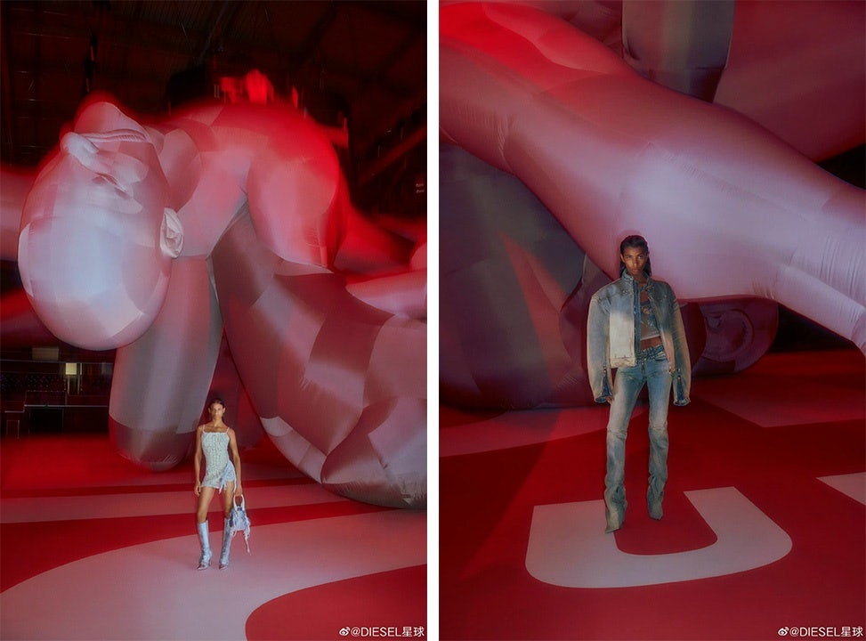 Diesel's MFW show featured lots of denim and the world's largest inflatable sculpture. Photo: Diesel
