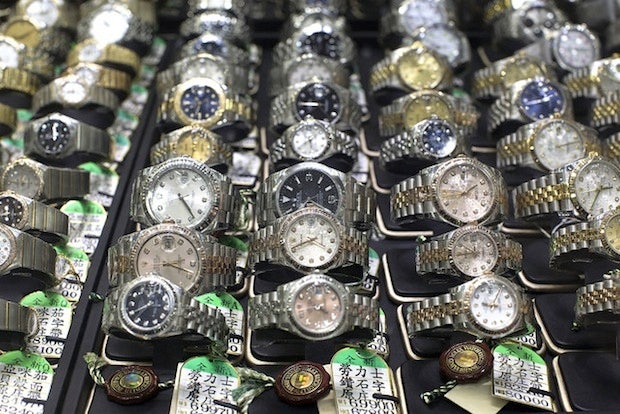 Rolex watches at a pawn shop in Macau. Typically pawned items like watches and jewelry are being joined at a more frequent rate by handbags and clothing. (Bloomberg)