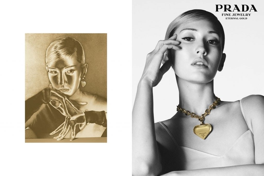 In October 2022, Prada debuted its first fine jewelry line made with 100 percent recycled gold, showcased in a campaign starring Somi Jeon. Photo: Prada
