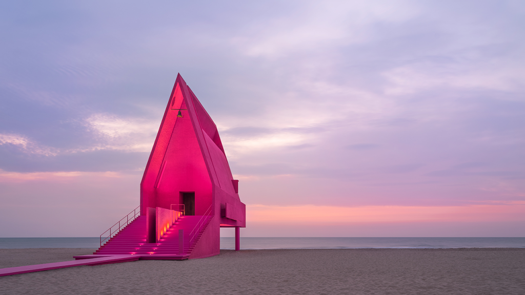 Between September 22 and October 31, the beachfront Aranya Community Hall will be painted with the shade co-created by the brand and Pantone Color Institute. Photo: Valentino