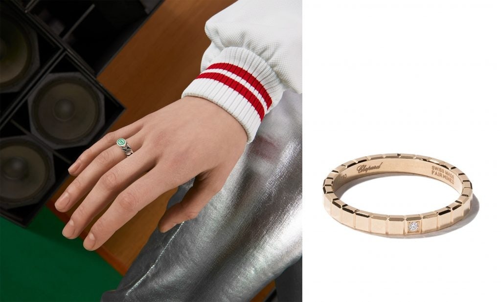 Gucci’s Interlocking G enamel ring (left) and Chopard's Ice Cube 18K gold ring (right) are among the hot-selling jewelry items this Singles' Day. Photo: Gucci, Chopard