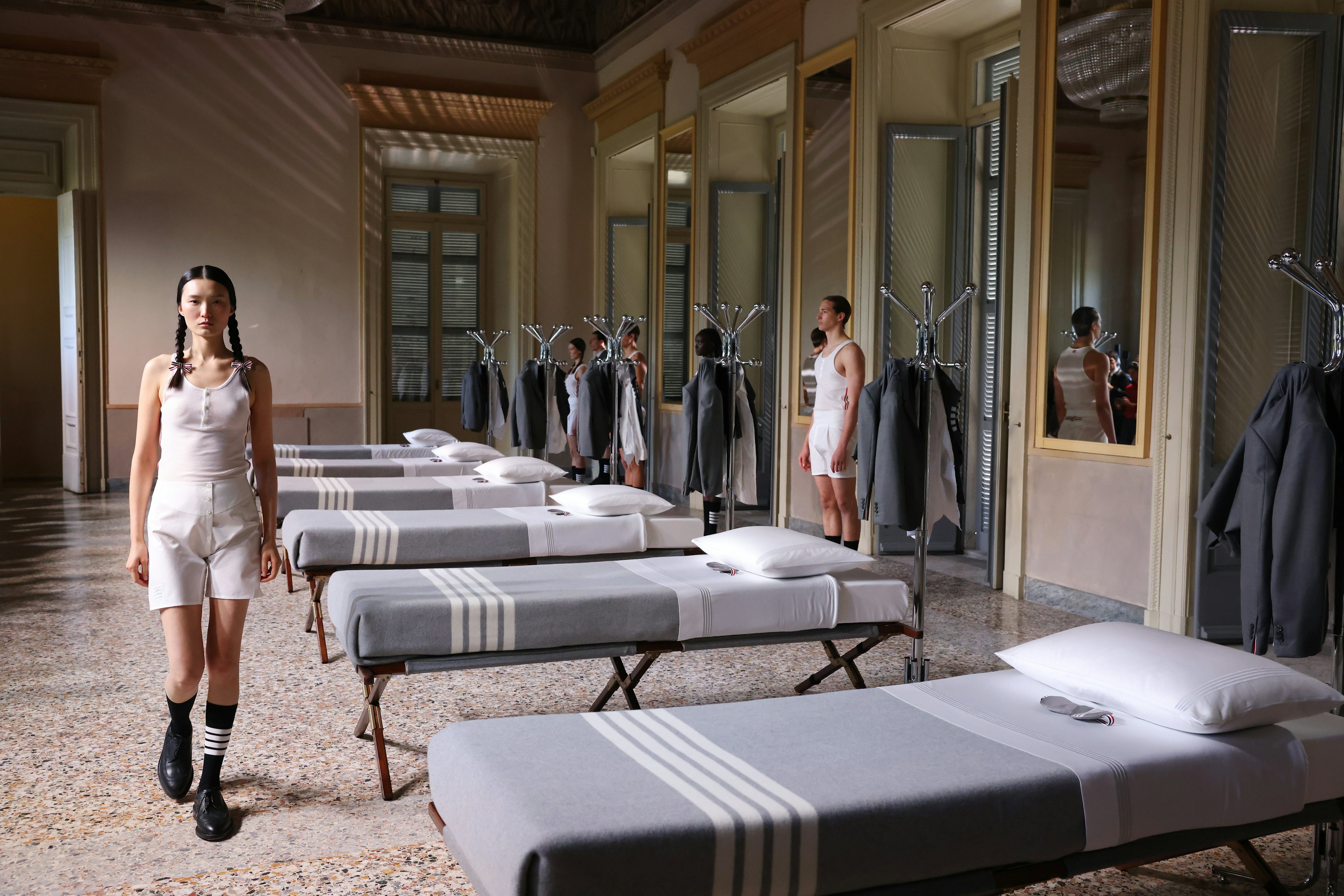 A general view of "Thom Browne Presents … Time to Sleep … With Frette At Palazzina Appiani," sleep-themed performance, on April 16, 2024 in Milan, Italy. Photo: Getty Images 