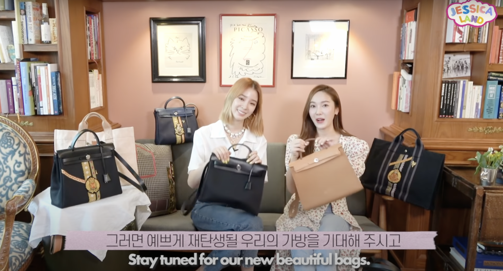 Korean-American singer Jessica Jung (right) customizes a Hermès bag with model Irene Kim. Photo: Screenshot, YouTube @Jessicaland