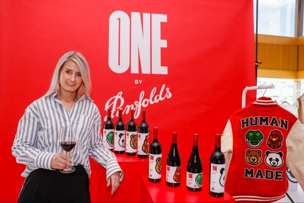 Penfolds’ Chief Marketing Officer Kristy Keyte pictured with the One by Penfold wines and Nigo-designed merchandise. Photo: Penfolds