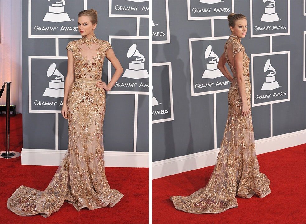 Taylor Swift wears a qipao-inspired dress designed by Murad to the 54th Annual Grammy Awards. Photo: Shutterstock