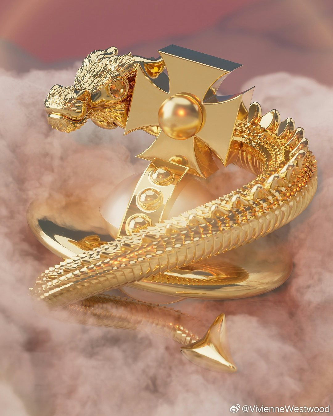 A dragon head in precious metal adorns Vivienne Westwood’s necklaces in the “Prosperity and Power” collection. Image: Vivienne Westwood