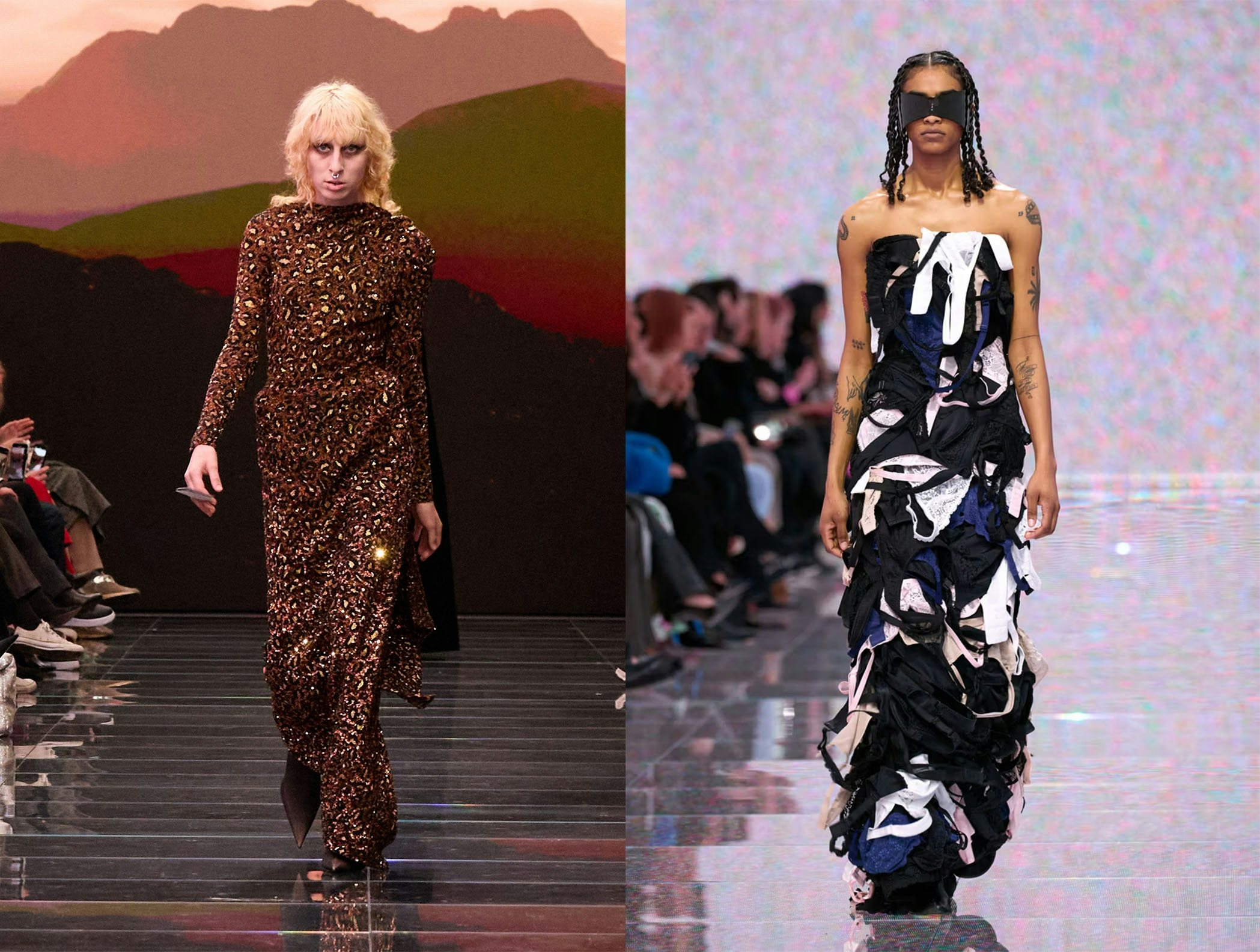 Linking Balenciaga past and present: from Cristóbal Balenciaga-inspired ‘hip-aulette’ gowns, left, to a frock made entirely of underwear, right. Photo: Balenciaga