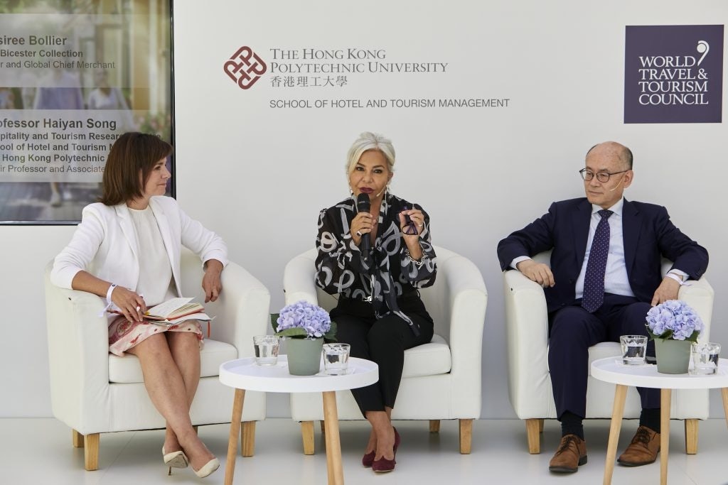 Left to right: Julia Simpson, President of WTTC, Desiree Bollier, Global Chief Merchant of the Bicester Collection and Professor Haiyan Song from Hong Kong Polytechnic University. Image: WTTC and the Bicester Collection