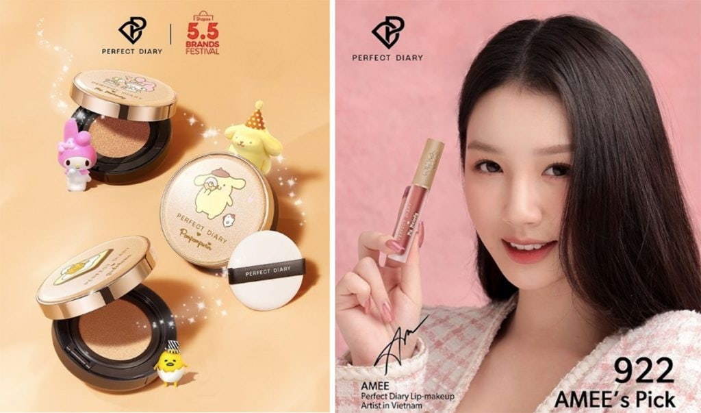 Perfect Diary promotes its Sanrio collaboration (left) and partnership with AMEE (right) ahead of the 5.5 Festival on Shopee. Photo: Perfect Diary's Instagram