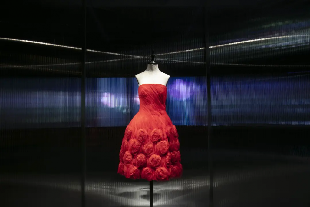 The red roses dress, designed by Valentino Garavani in 1959, was exhibited in the center of the studio room. Photo: Valentino