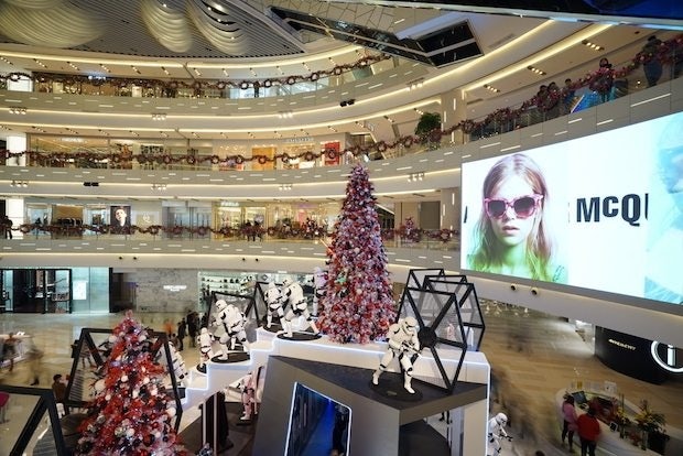 Christmas decor mixed with a Star Wars promotion at the IAPM mall in Shanghai, China on December 6, 2015. (Shutterstock)