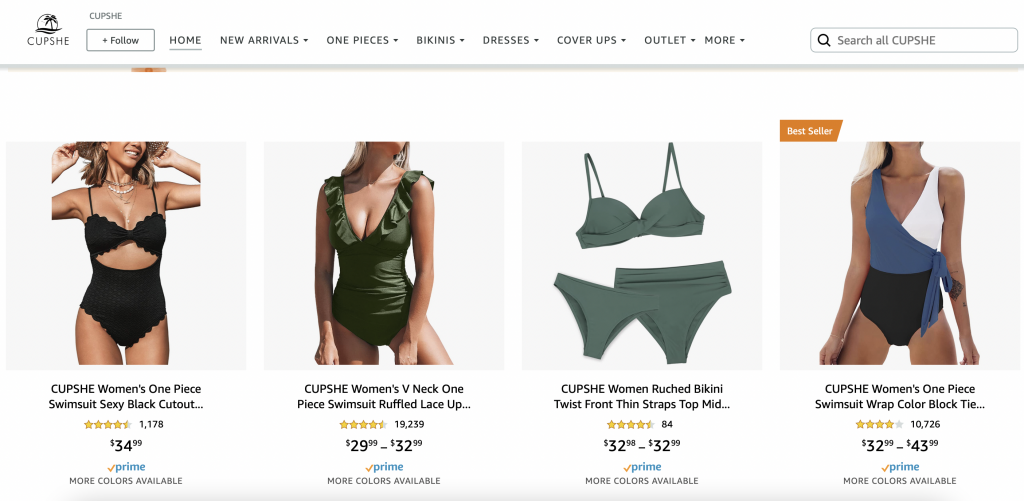 Cupshe maintains a store on Amazon, which contributes to almost one-third of the brand's sales. Photo: Screenshot