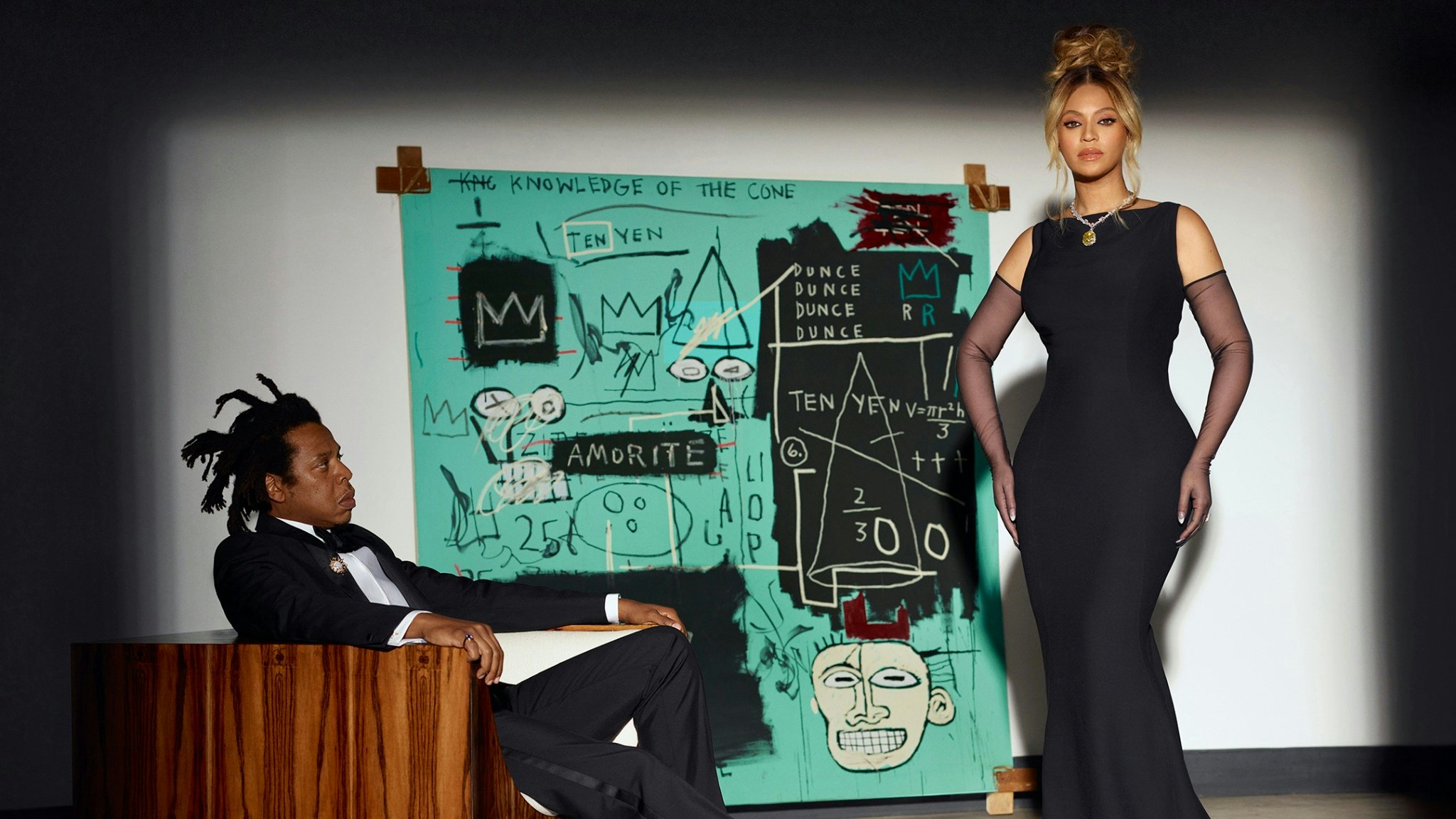 Tiffany’s new campaign features power couple Beyoncé and Jay-Z, a never-before-seen painting by influential artist Jean-Michel Basquiat, and the jeweler's legendary Tiffany Diamond. Photo: Courtesy of Tiffany & Co.