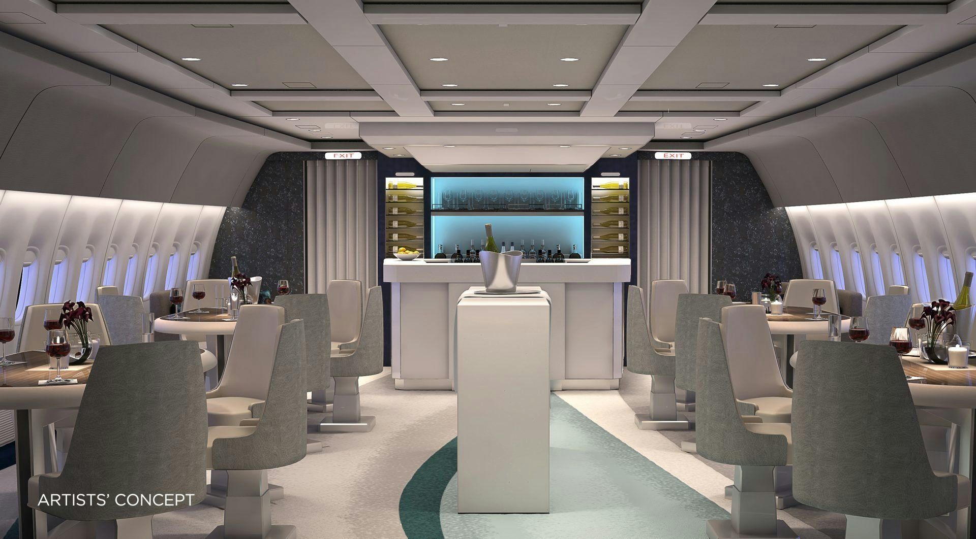 The lounge of the Crystal Skye, a converted Boeing 777. Photo courtesy of Crystal Cruises.