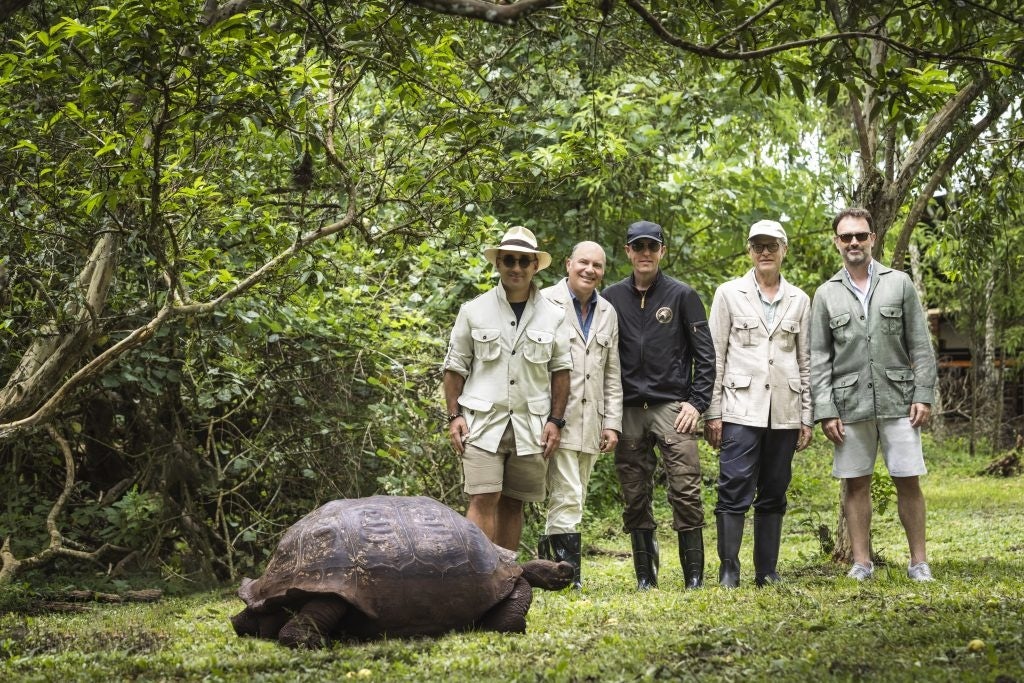 Filippo Ricci, Gianluca Tenti, Mattias Klum, Terry Garcia and Niccolo Ricci (left to right) in the Galapagos. Image by Alessandro Moggi, courtesy of Stefano Ricci S.p.A.