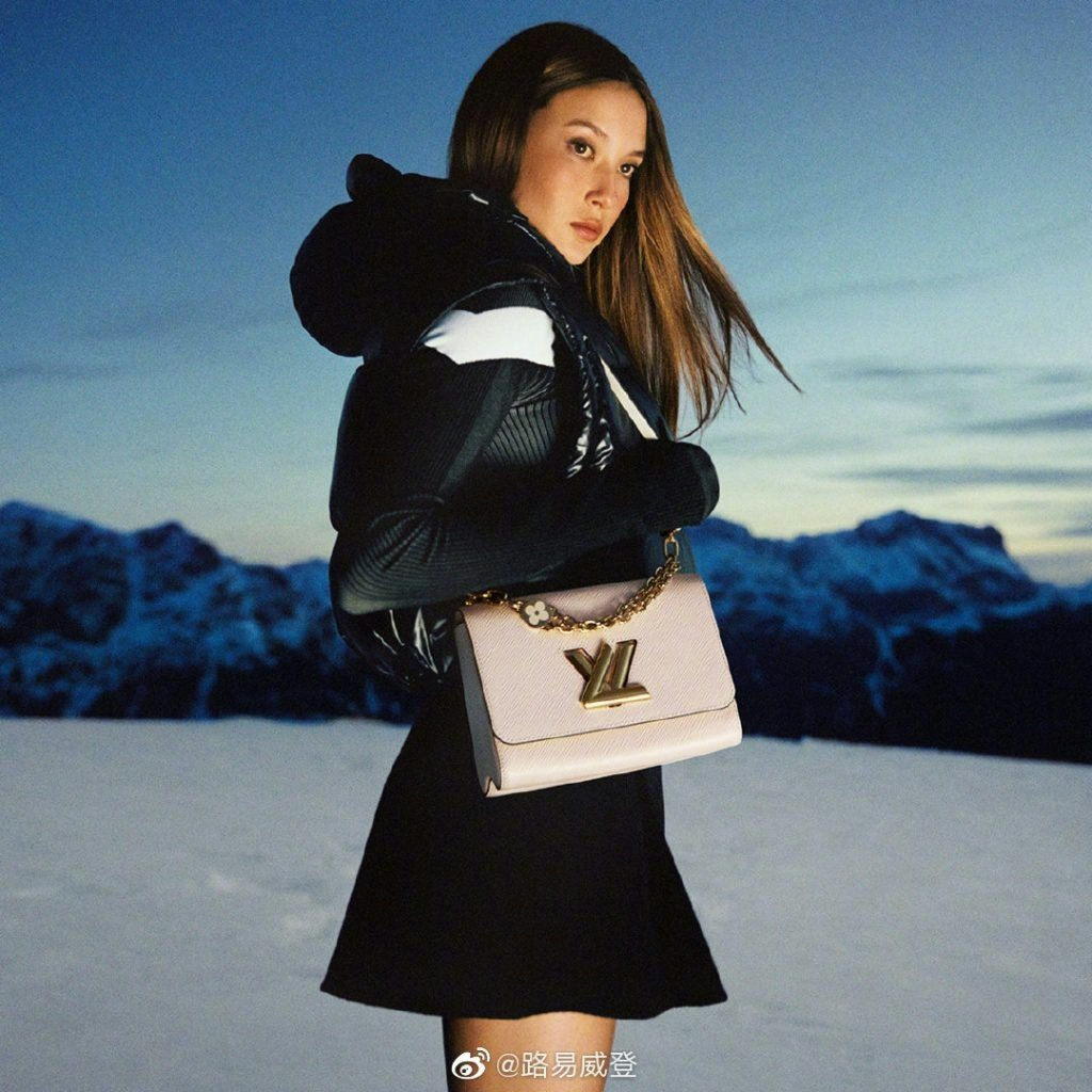 Eileen Gu showcases the latest Louis Vuitton Twist bags at the Messner Mountain Museum Corones in the Italian Dolomites. Photo: Louis Vuitton