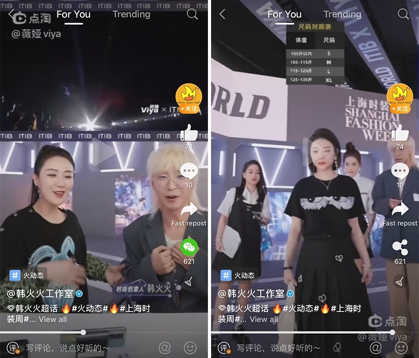 Viya and Chinese stylist Han Huohuo promote looks from Chinese designers on their livestream. Photo: Screenshots