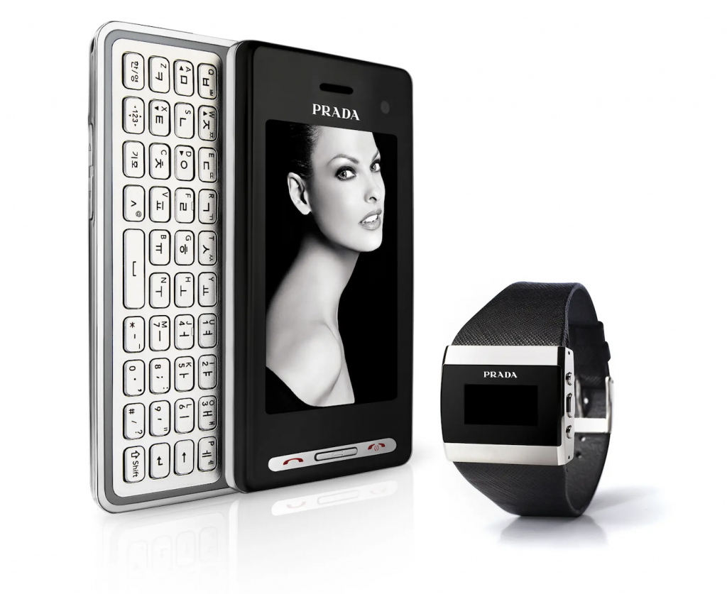 The LG x Prada phone, alongside its matching Bluetooth watch. Photo: campaignlive