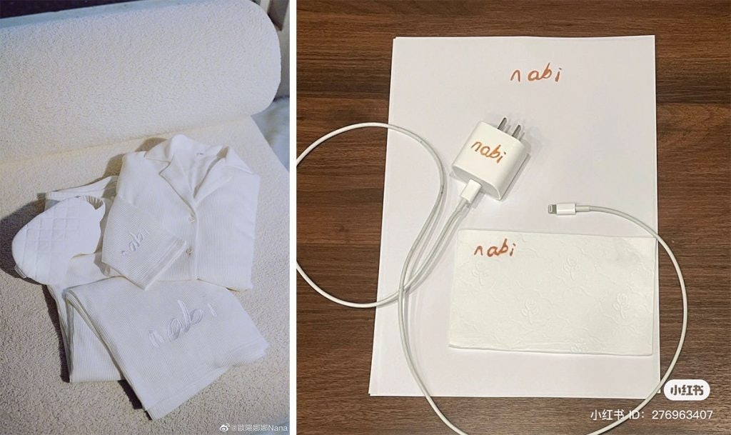 Left: Pieces from Ouyang Nana's debut collection. Right: A Xiaohongshu user labels white household items with the word "Nabi." Photo: Weibo/Xiaohongshu