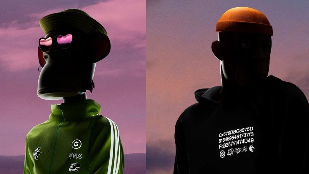Adidas partnered with Bored Ape Yacht Club (left) and GMoney (right) to enter the metaverse. Photo: Adidas