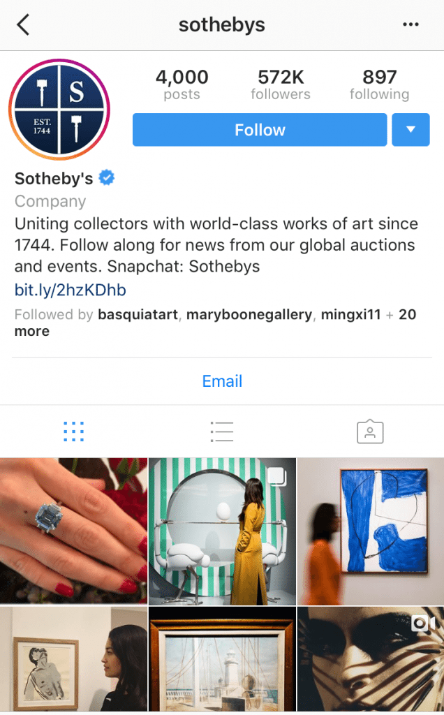 A screenshot of Sotheby's Instagram account