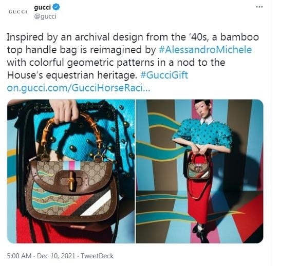 Gucci’s Tweet showing an Asian model with thin, long eyes on December 10, 2021 came under fire in China. Photo: Gucci's official Twitter account