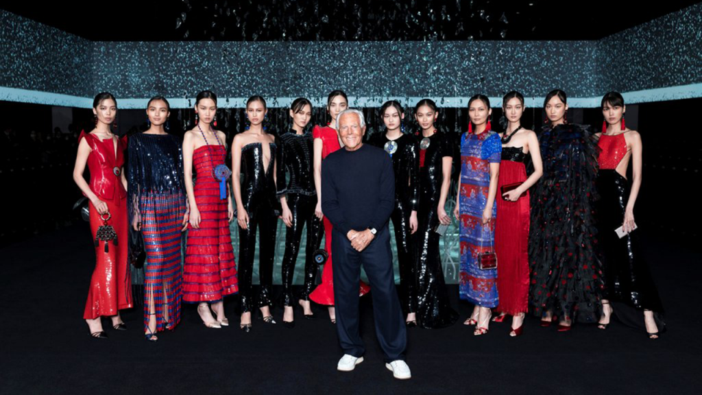 Giorgio Armani poses with Chinese models at his Fall 2020 show. Photo: Courtesy of Giorgio Armani