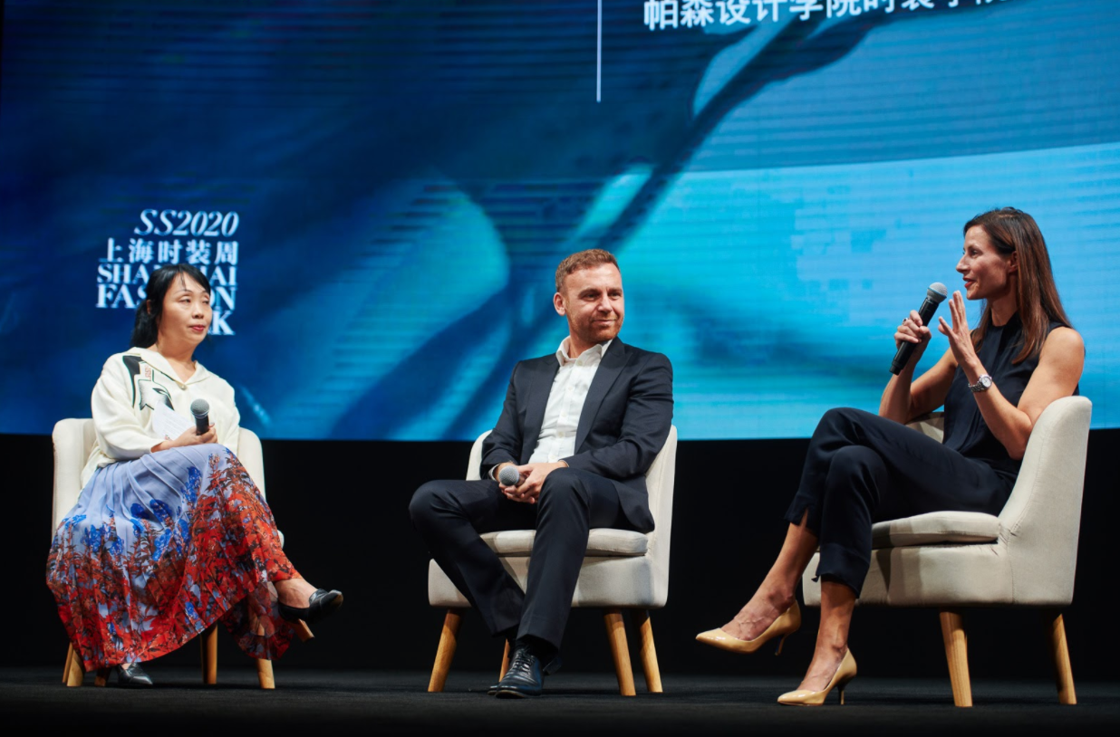 At Kering’s sustainability conference in Shanghai, October 2019. From left to right: Shaway Yeh, founder of YehYehYeh, Burak Cakmak, Dean of Fashion at Parsons School of Design, and Katrin Ley, Managing Director of Fashion for Good.