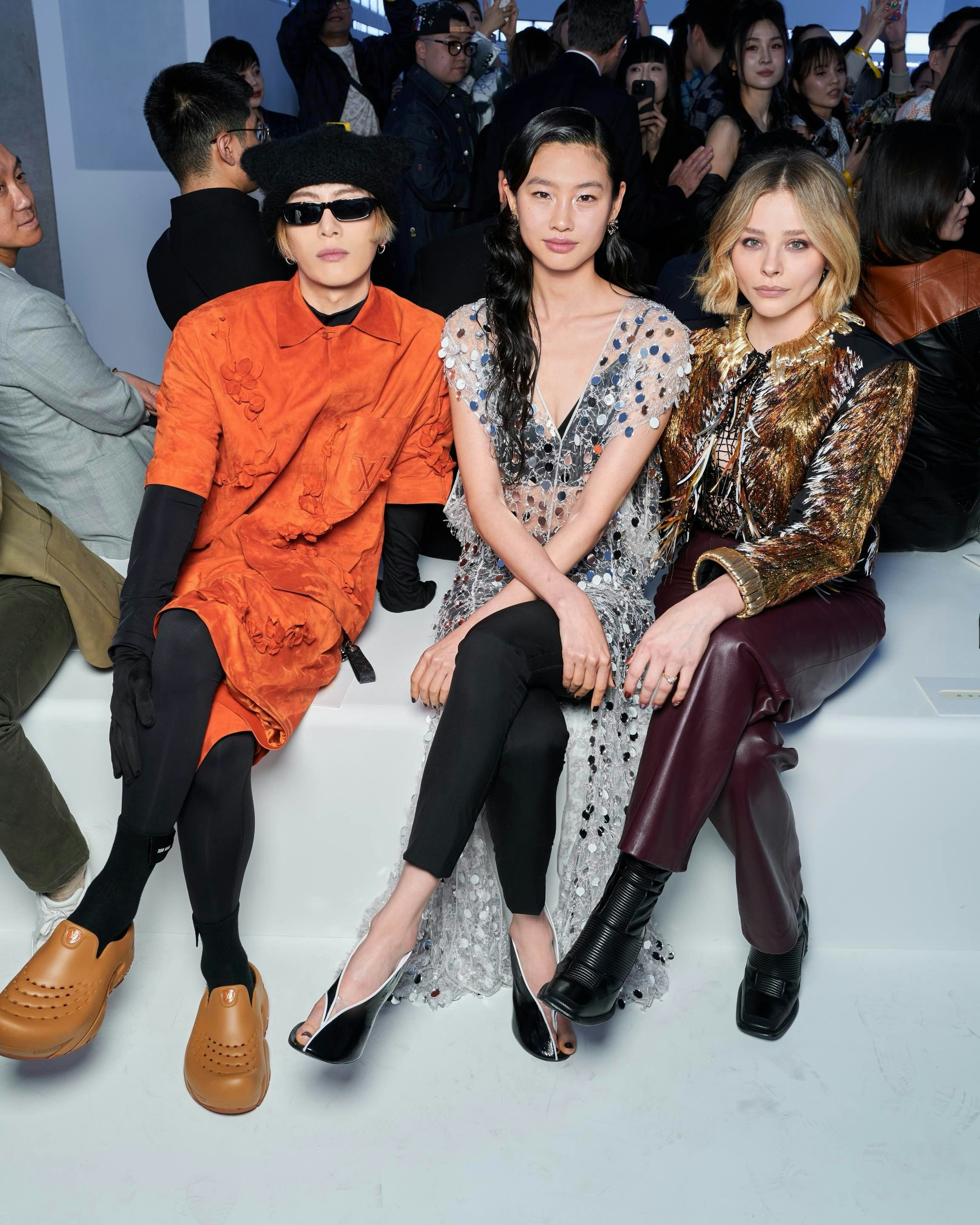 Jackson Wang, Hoyeon Jung and Chloë Grace Moretz at the LV Pre-Fall Voyager show in Shanghai.  Image: Louis Vuitton