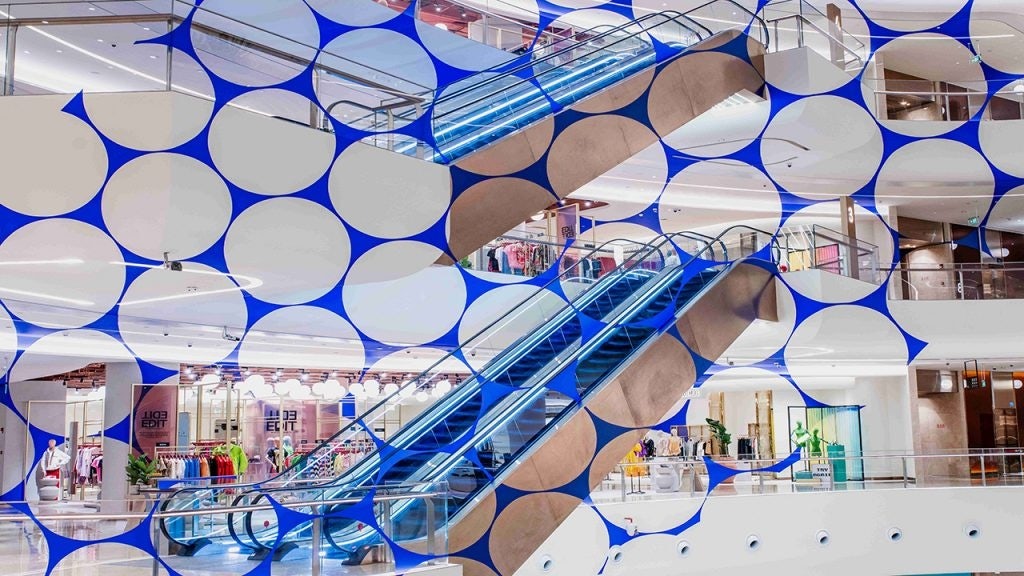 Artwork, Danse D’Ellipses, by Felice Varini offers can only be seen fully composed from a unique standpoint. Photo: Galeries Lafayette