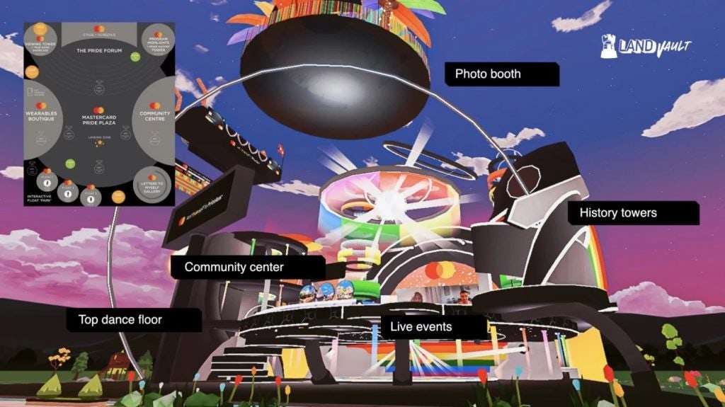 LandVault helped Mastercard create a Pride Plaza in Decentraland, which included a community center and dance floor. Photo: LandVault