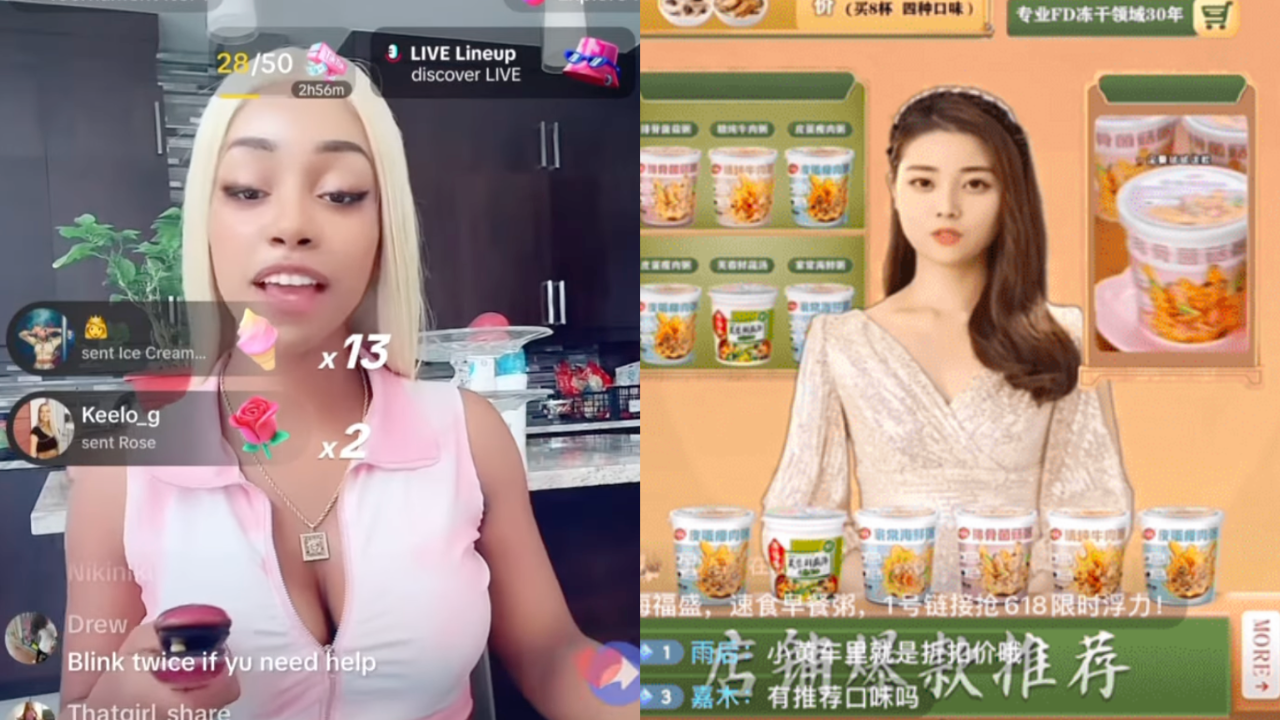 In Asia, brands are harnessing the soft power of virtual human livestreamers, while the West goes the other way around with creators pretending to be virtual humans. Photo: @pinkydoll on TikTok / Baidu