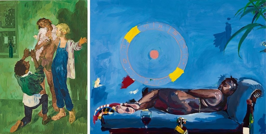 Sotheby's record-setting contemporary evening sale in Asia included Salman Toor’s Three Boys (left) and Zimbabwean artist Kudzanai-Violet Hwami’s Skye weNehanda (right). Photo: Sotheby's