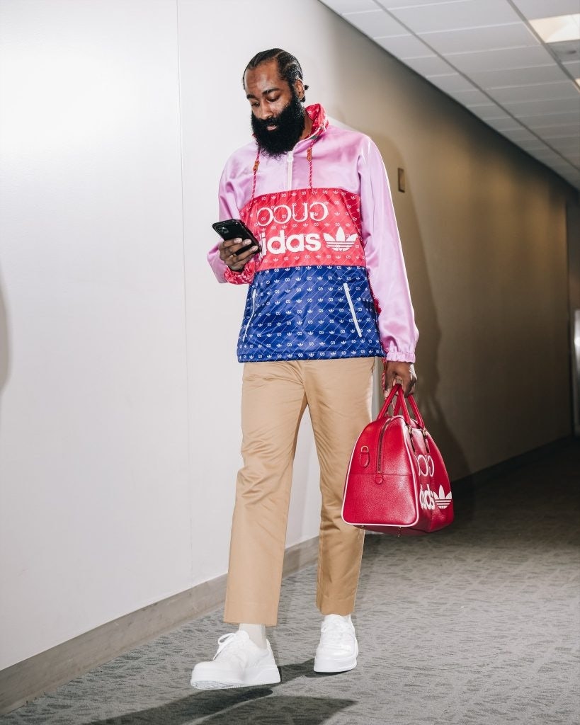 James Harden was seen arriving at the 2022 NBA Eastern Conference Semifinals wearing pieces from the adidas x Gucci collection. Photo: Gucci