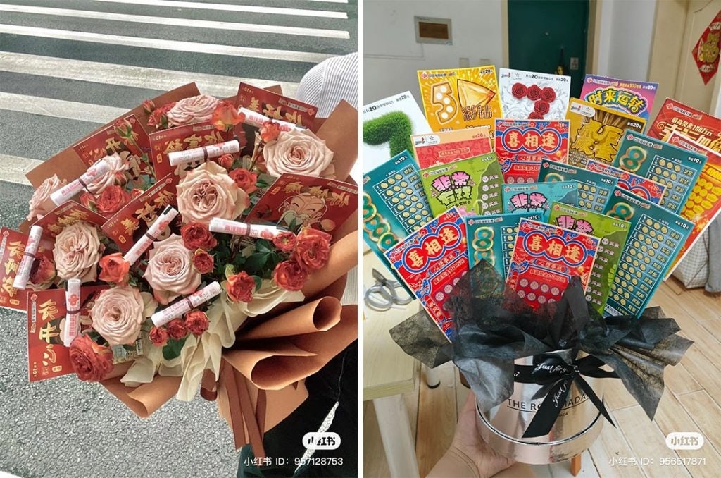 Lottery ticket bouquets have become go-to gifts for birthdays and resignations. Photo: Xiaohongshu