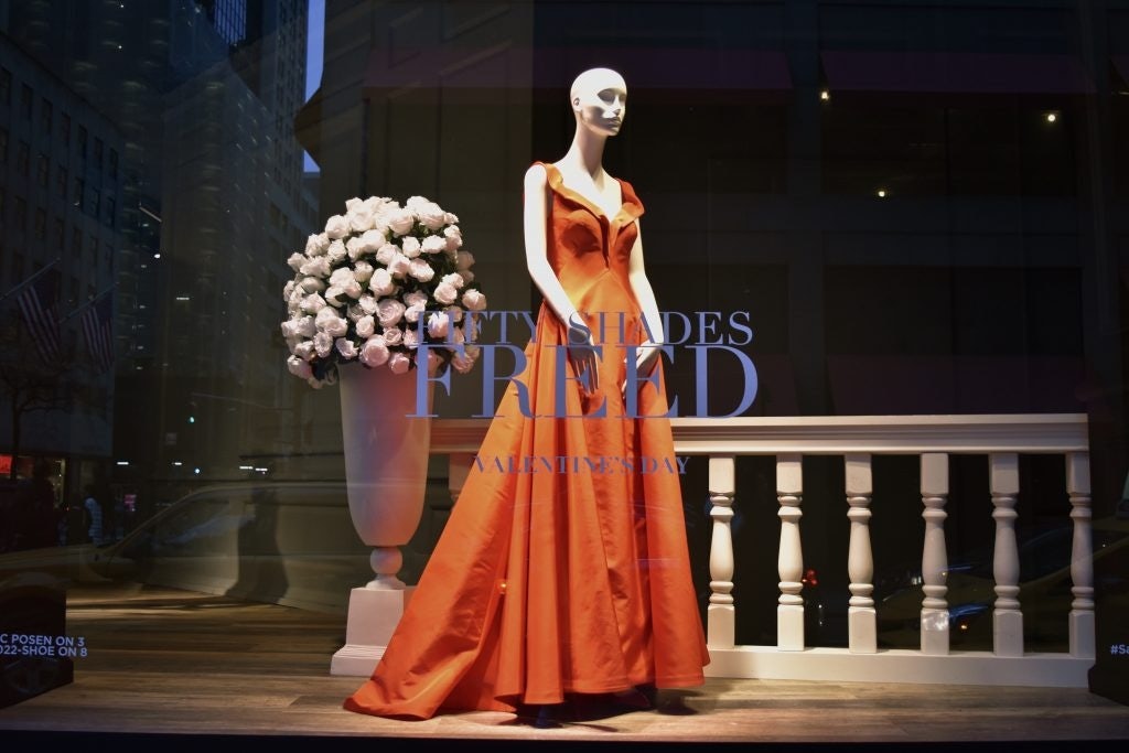 This Fifty Shades Freed window, which sits alongside the Chinese New Year windows at Saks features a red gown, creating a seamless visual transition between the two events. Photo: Huixin Deng