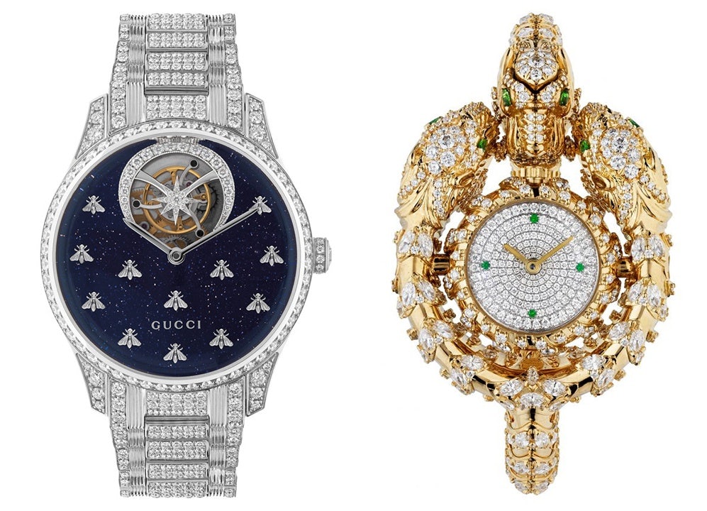 Pieces from the G-Timeless Dancing Bees (left) and Dionysus (right) collections are encrusted with diamonds and range from five to six figures. Photo: Gucci