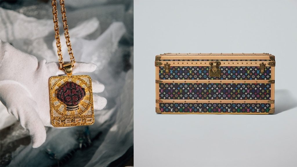 Auction items include the Jacob & Co. N.E.R.D. Brain Pendant Chain (left) and the Louis Vuitton Steamer Trunk Black Multicolor Monogram (right).