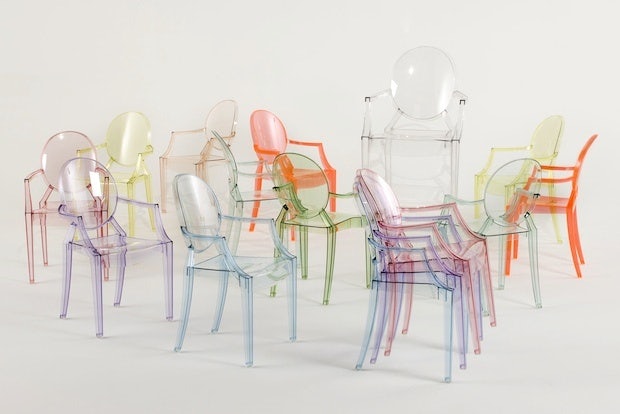 Transparent and colored polycarbonate Louis Ghost chairs from the Kartell Ghost Collection by Phillippe Starck.