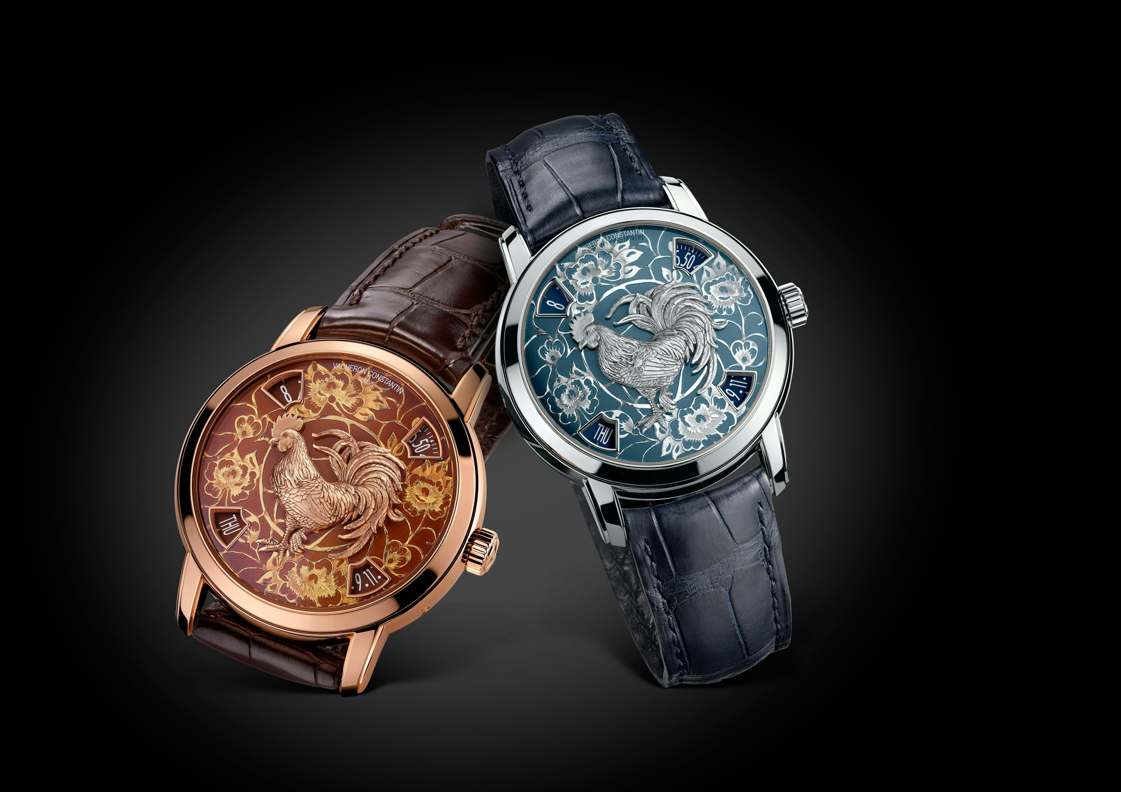 Vacheron Constantin's Métiers d’Art Legend of the Chinese Zodiac Year of the Rooster watches in rose gold and platinum. (Courtesy Photos)