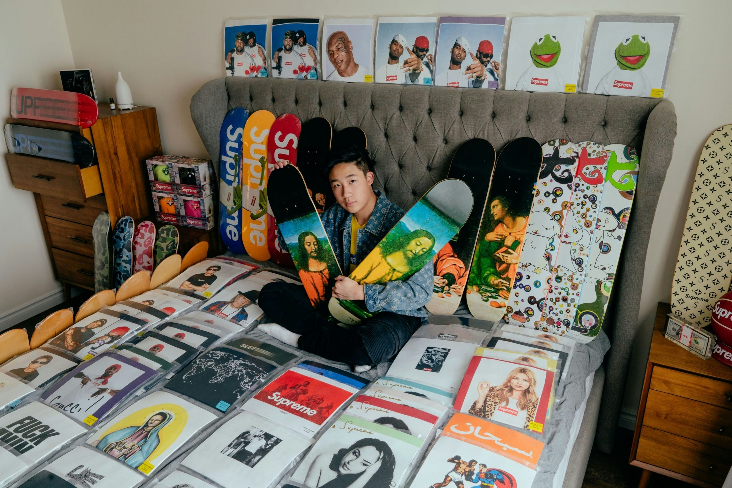 Andy Liu at home with his Supreme collection